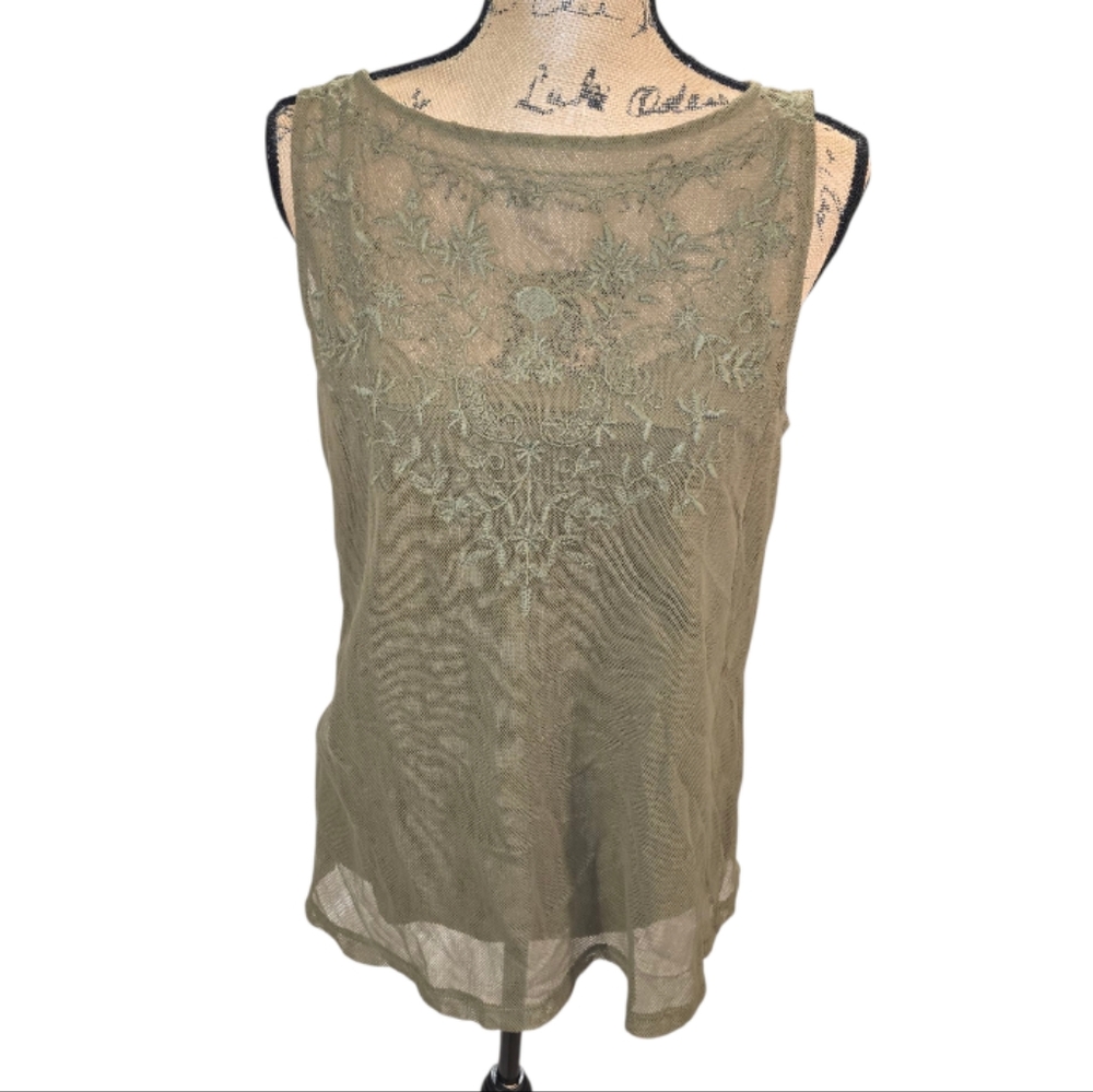 Ralph Lauren Moss Green Sleeveless Blouse‎ with Mesh Lace Overlay Size Large